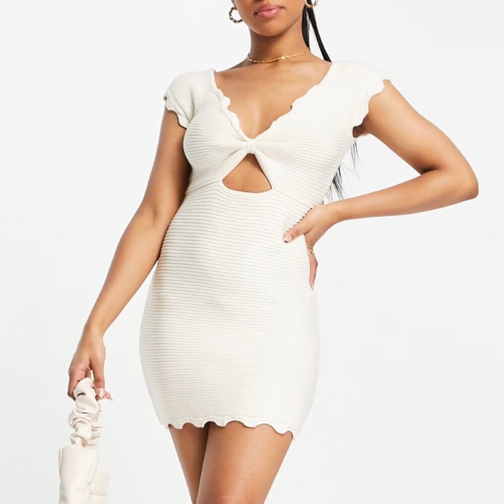Miss Selfridge Scallop Neck Knit Mini Dress in Ivory